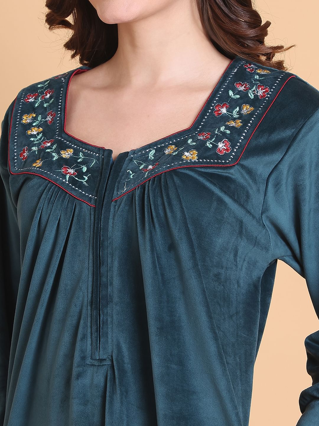 Secret Wish Teal Solid Square Neck Velvet Full Length Winter Nighty