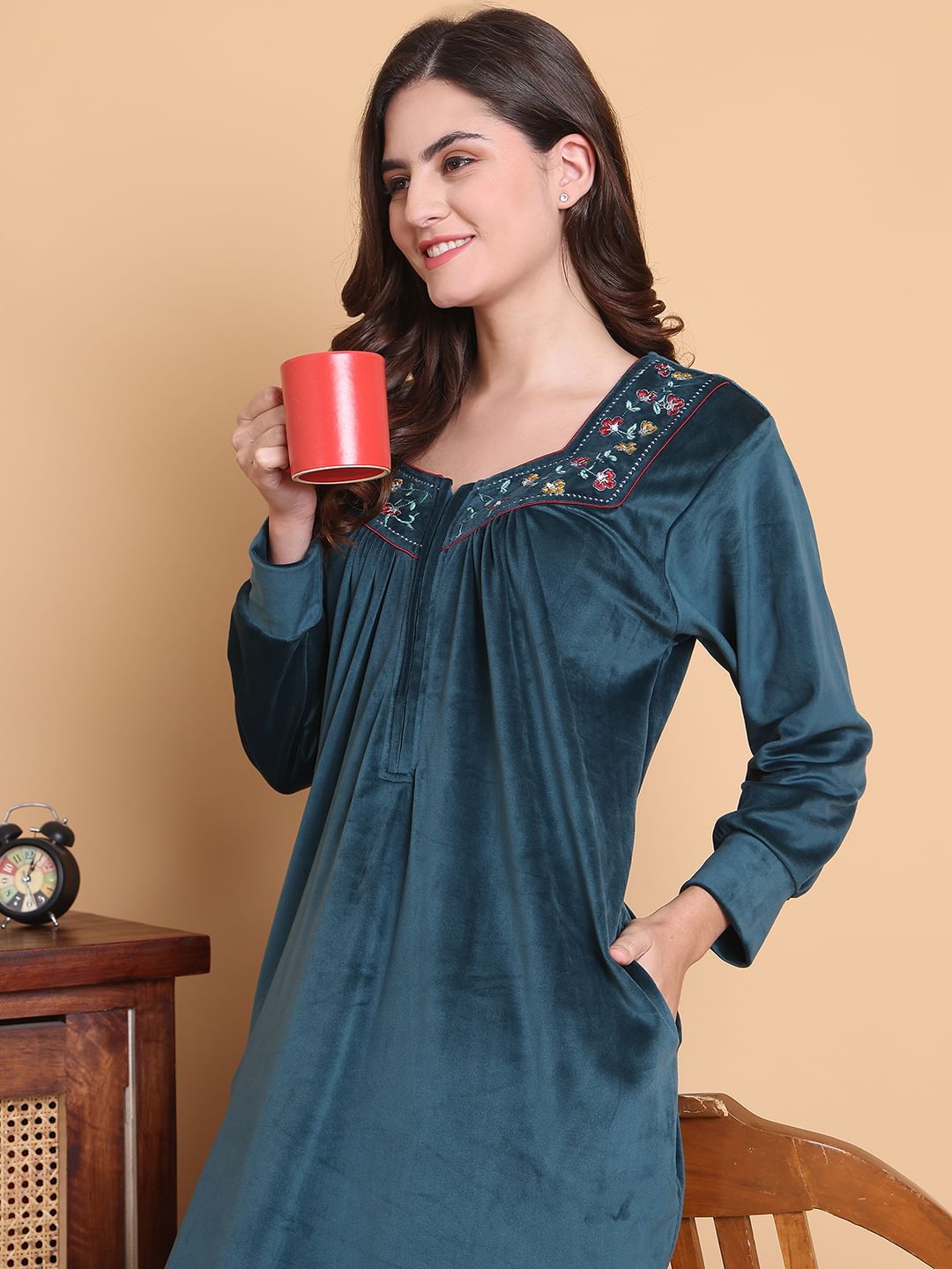 Secret Wish Teal Solid Square Neck Velvet Full Length Winter Nighty