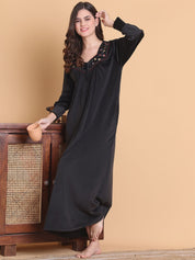 Secret Wish Black Solid Square Neck Velvet Full Length Winter Nighty