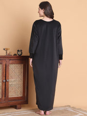 Secret Wish Black Solid Square Neck Velvet Full Length Winter Nighty