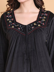Secret Wish Black Solid Square Neck Velvet Full Length Winter Nighty