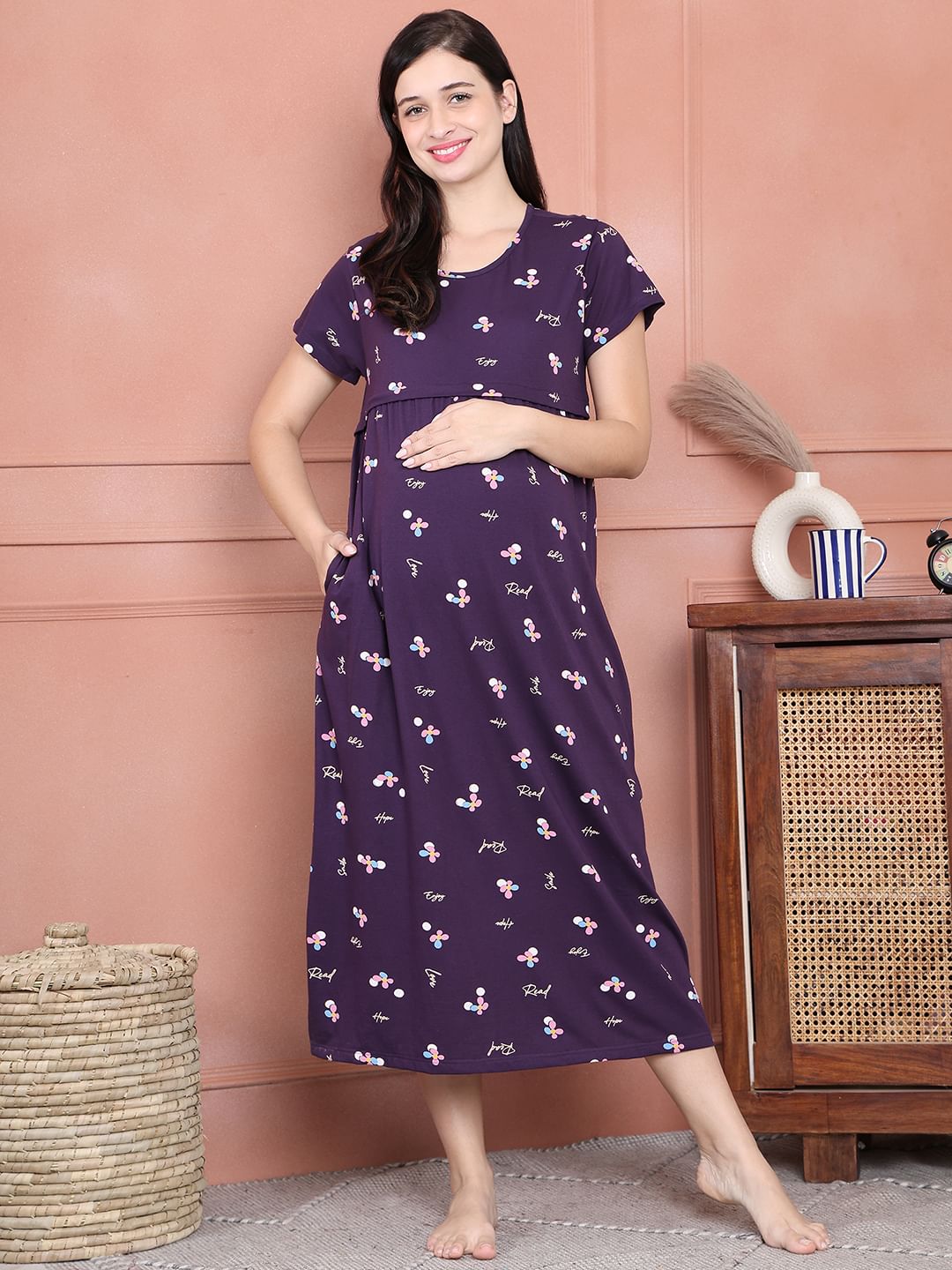 Secret Wish Purple Floral Hosiery Maternity Nighty