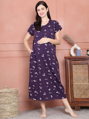Secret Wish Purple Floral Hosiery Maternity Nighty