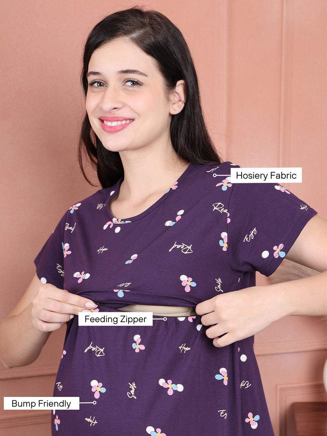 Secret Wish Purple Floral Hosiery Maternity Nighty