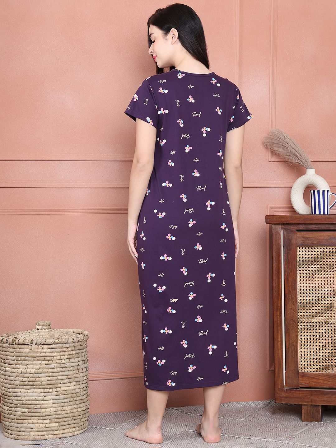 Secret Wish Purple Floral Hosiery Maternity Nighty