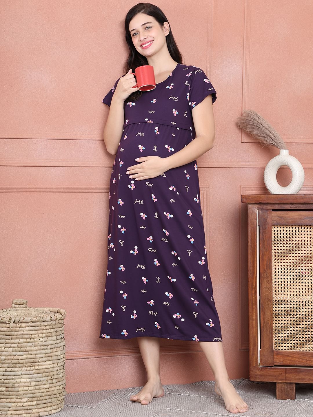 Secret Wish Purple Floral Hosiery Maternity Nighty