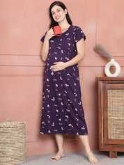 Secret Wish Purple Floral Hosiery Maternity Nighty