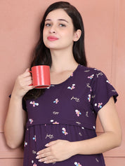 Secret Wish Purple Floral Hosiery Maternity Nighty