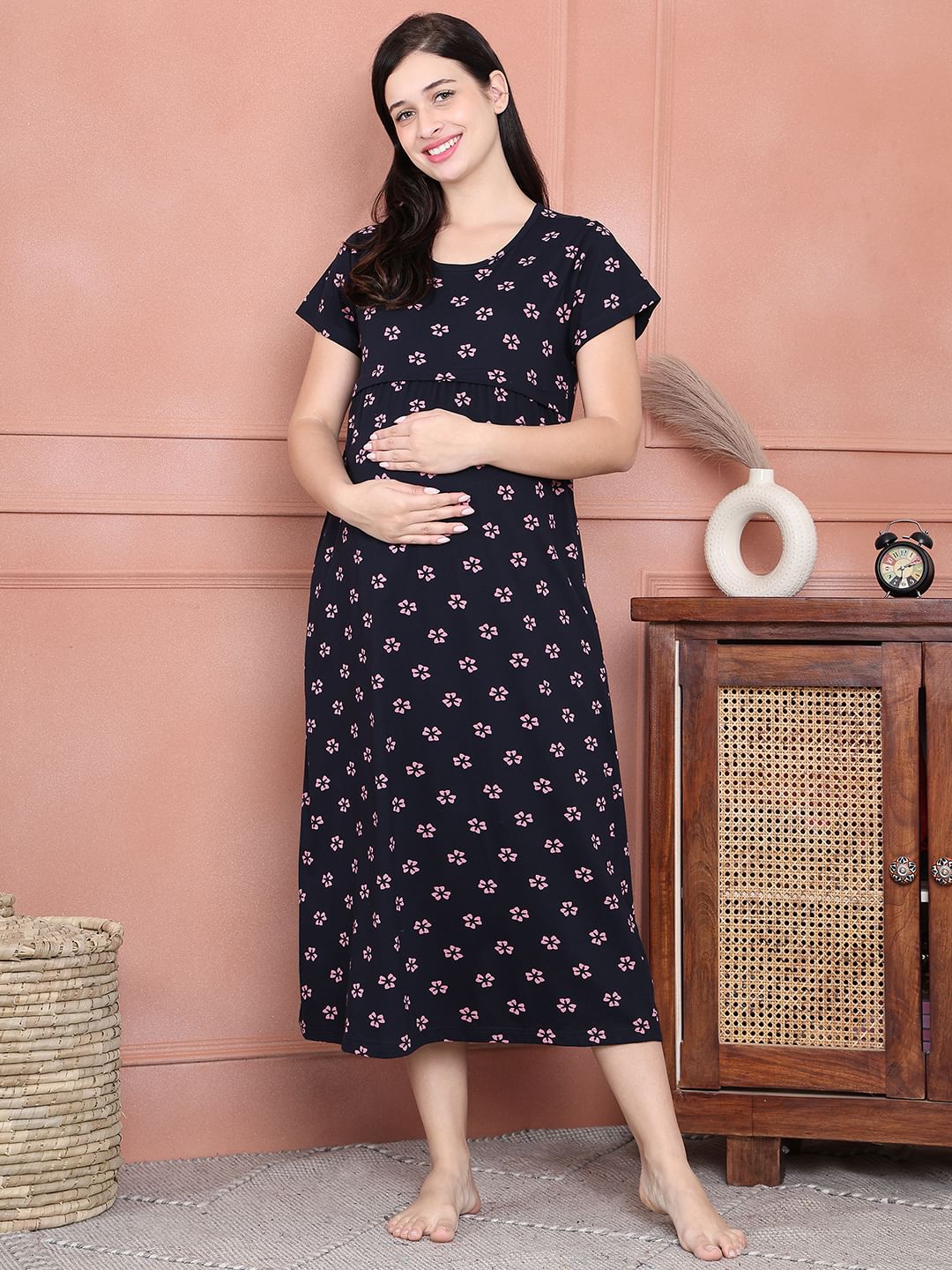 Secret Wish Navy Blue Floral Hosiery Maternity Nighty