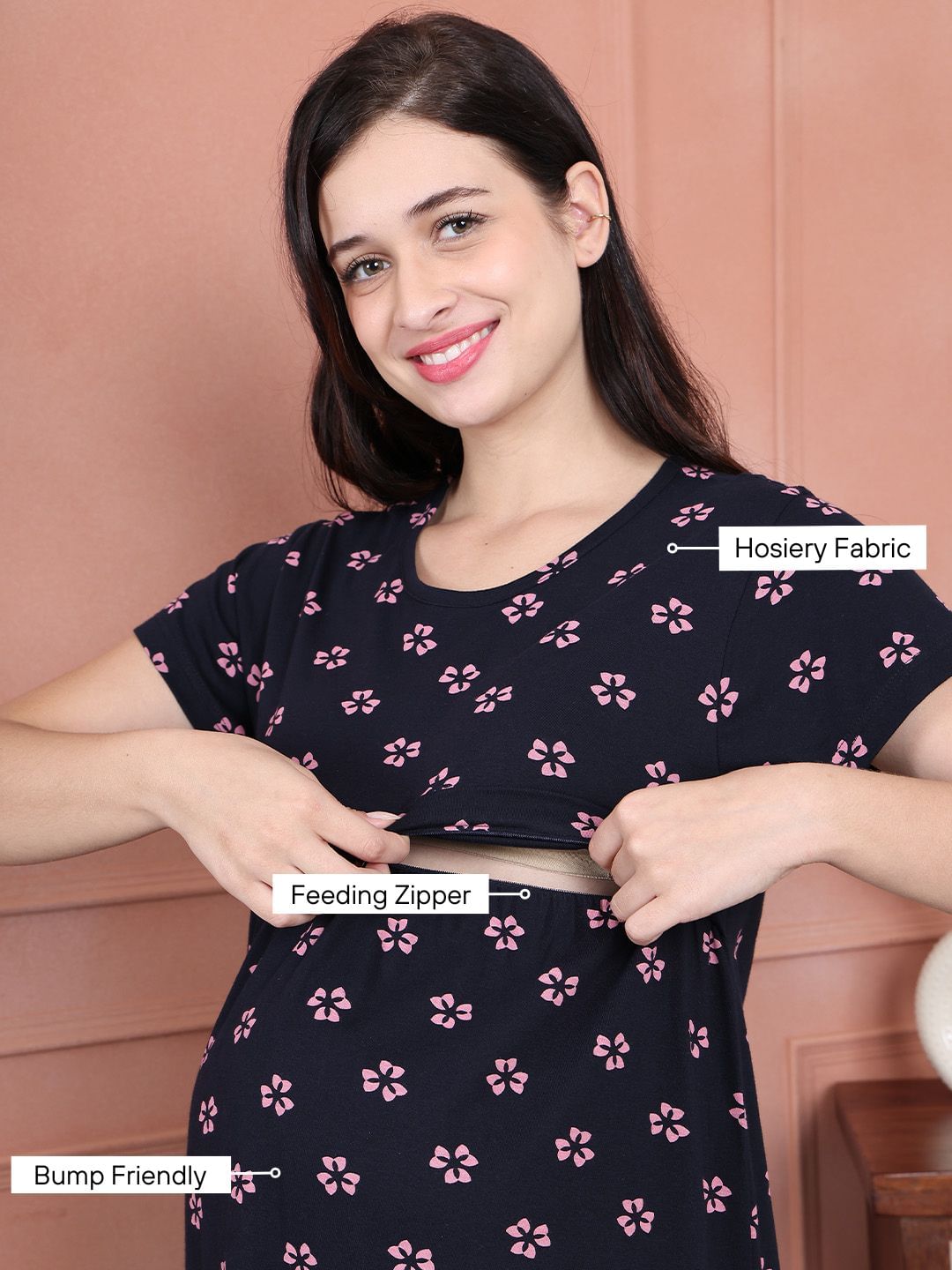Secret Wish Navy Blue Floral Hosiery Maternity Nighty