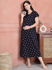 Secret Wish Navy Blue Floral Hosiery Maternity Nighty
