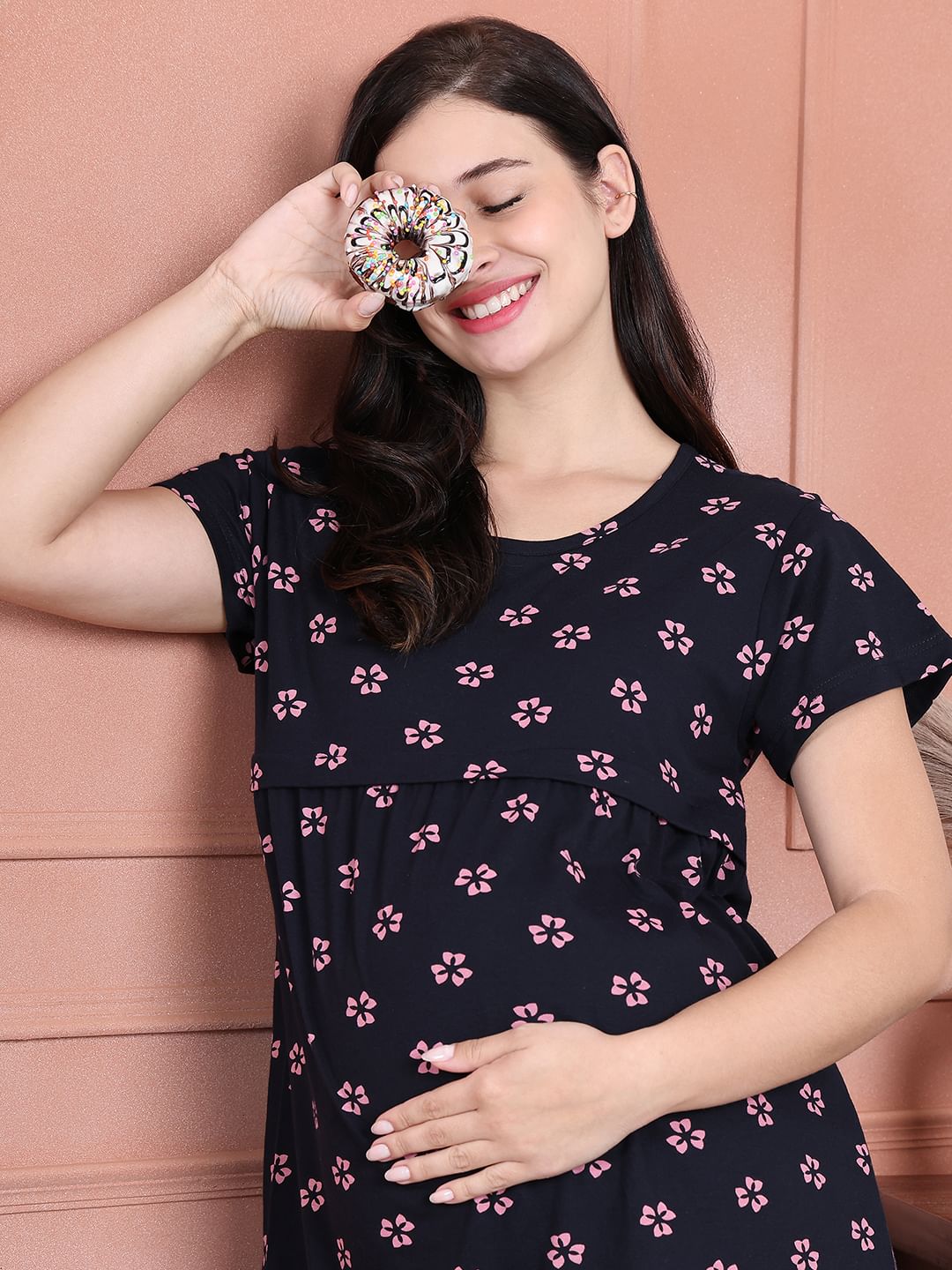 Secret Wish Navy Blue Floral Hosiery Maternity Nighty
