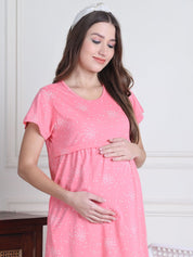 Secret Wish Pink Printed Hosiery Maternity Nighty