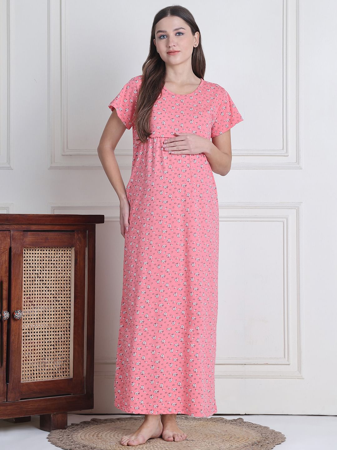 Secret Wish Pink Printed Hosiery Maternity Nighty Full Length