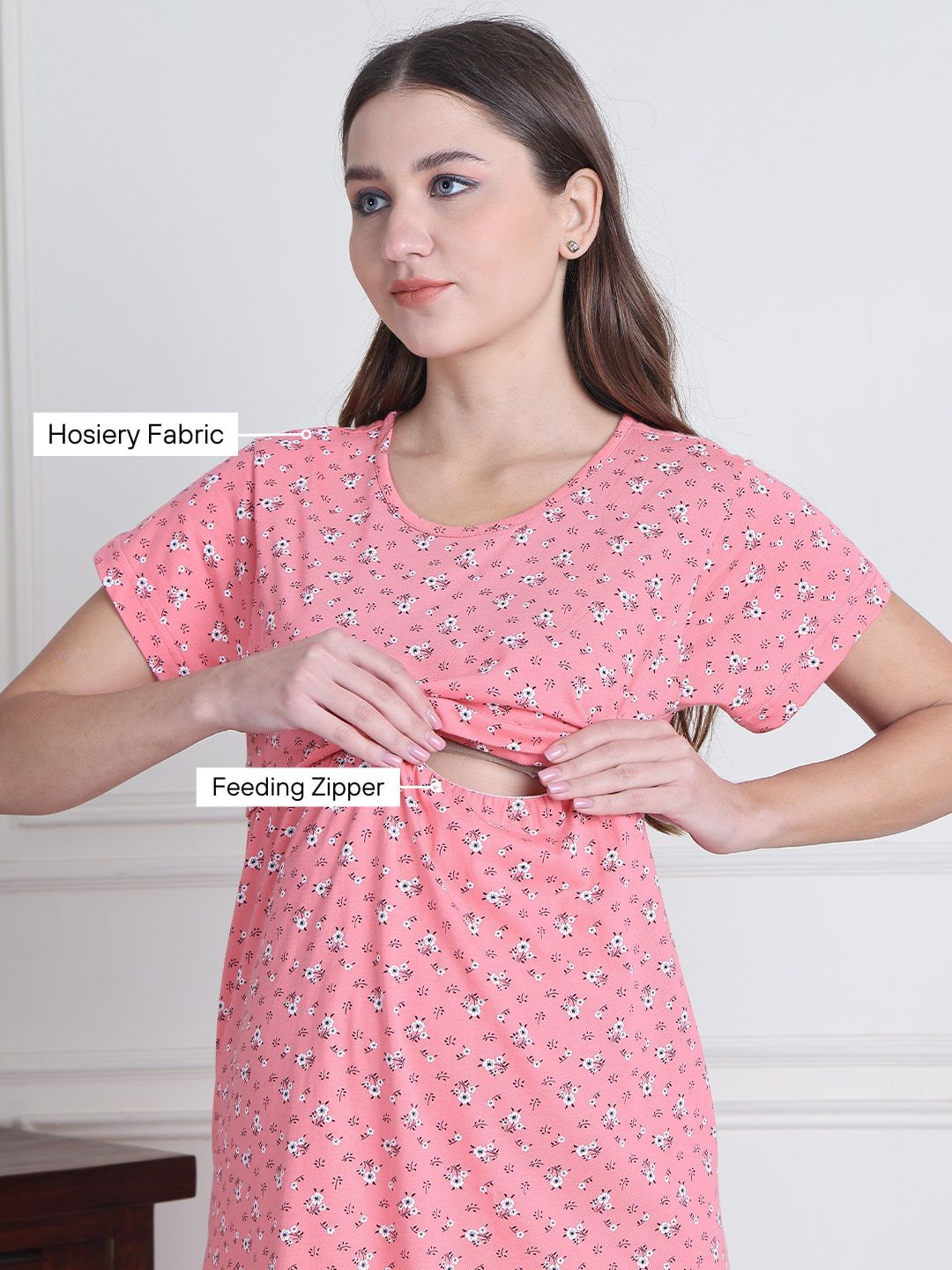 Secret Wish Pink Printed Hosiery Maternity Nighty Full Length