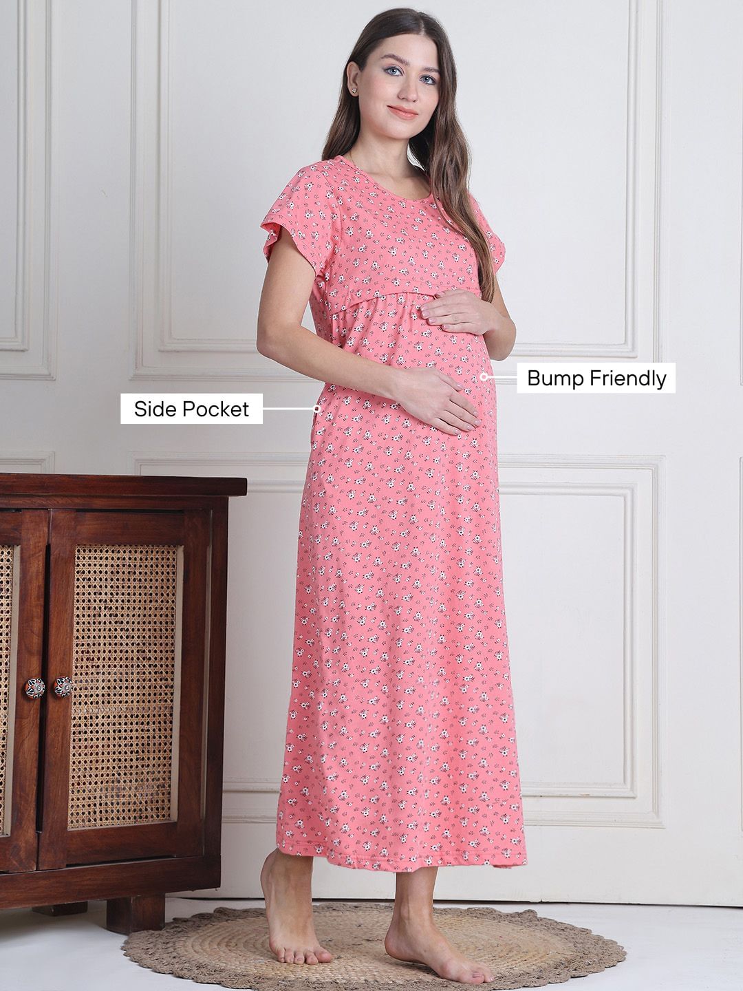Secret Wish Pink Printed Hosiery Maternity Nighty Full Length