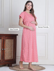 Secret Wish Pink Printed Hosiery Maternity Nighty Full Length