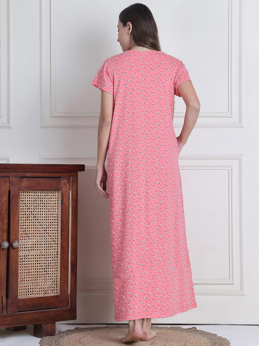Secret Wish Pink Printed Hosiery Maternity Nighty Full Length