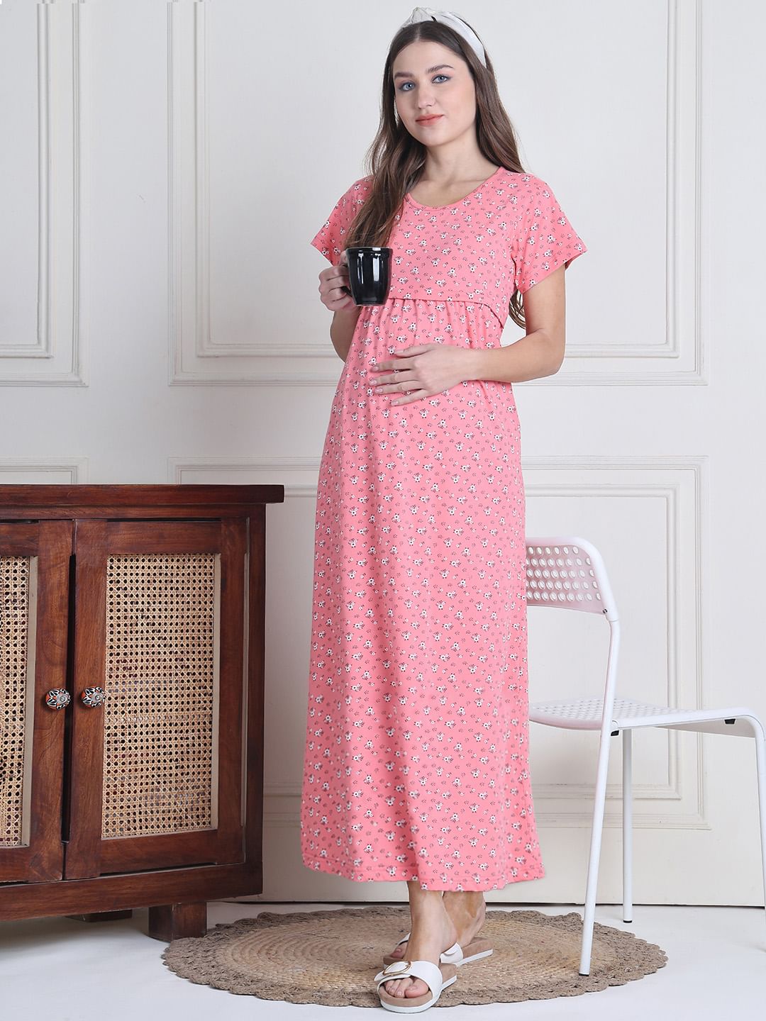 Secret Wish Pink Printed Hosiery Maternity Nighty Full Length