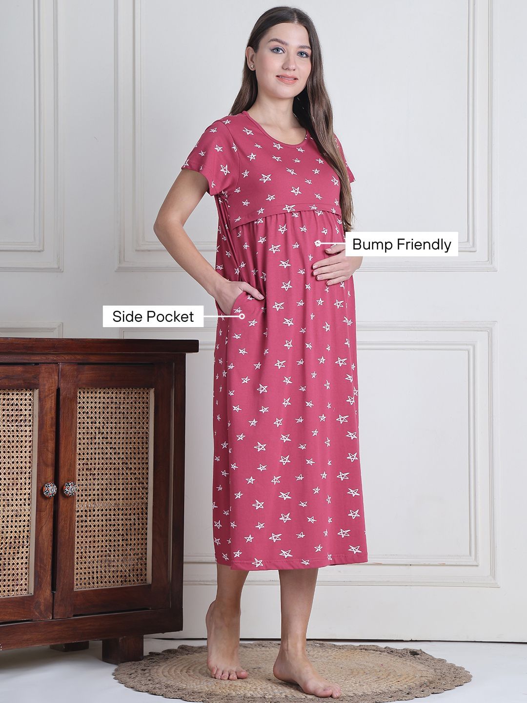 Secret Wish Pink Star Hosiery Maternity Nighty