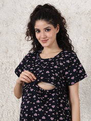 Dark Blue Printed Hosiery Maternity Nighty