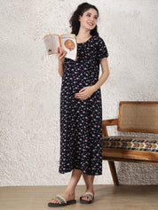 Dark Blue Printed Hosiery Maternity Nighty