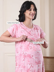 Pink Printed Hosiery Maternity Nighty