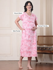 Pink Printed Hosiery Maternity Nighty