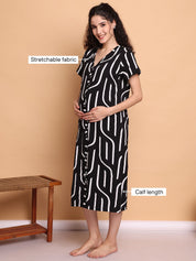 Black Abstract Hosiery Zipless Maternity Nighty