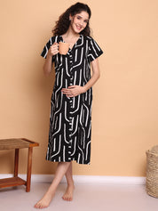 Black Abstract Hosiery Zipless Maternity Nighty