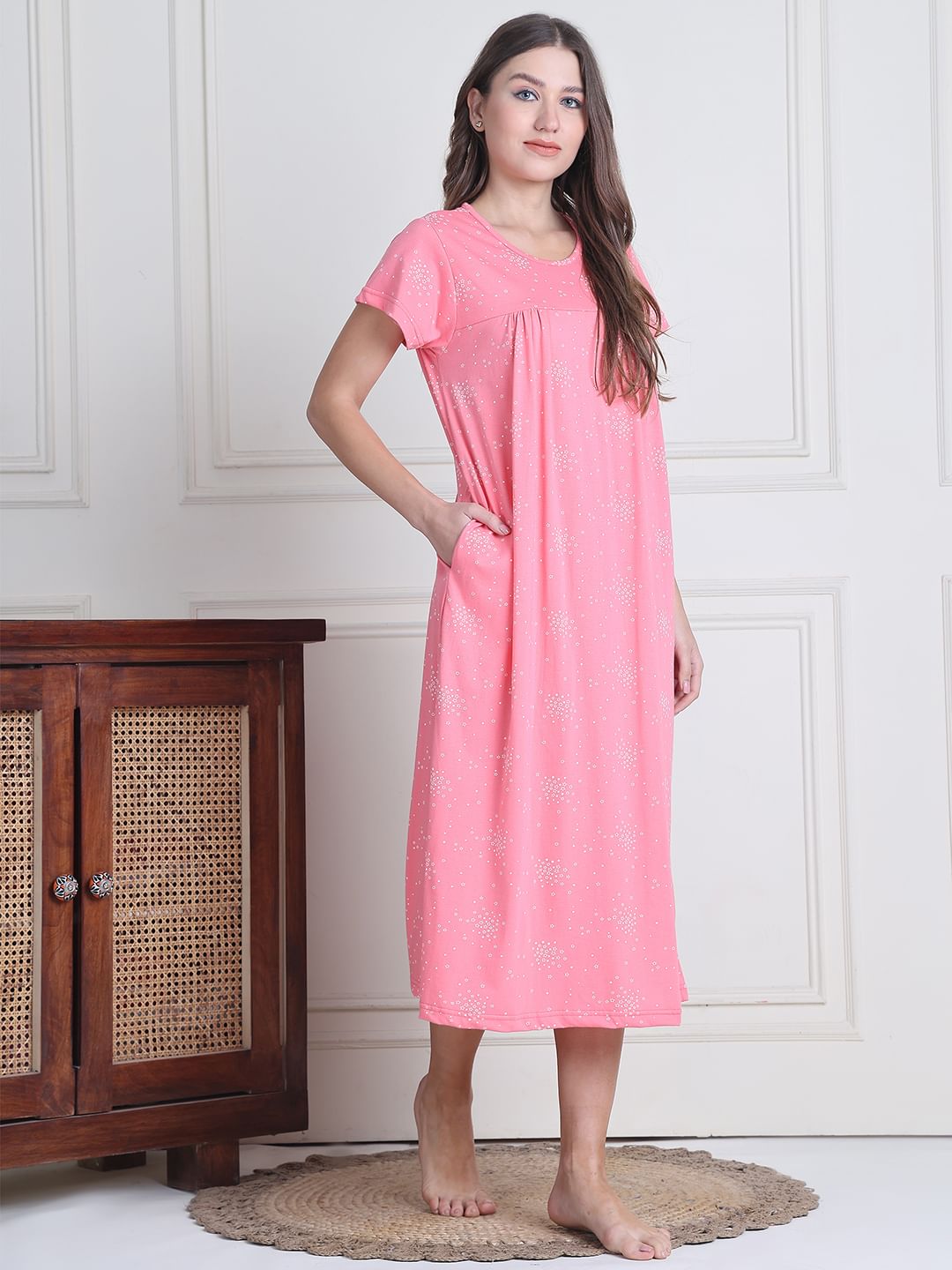 Secret Wish Pink Printed Hosiery Nighty