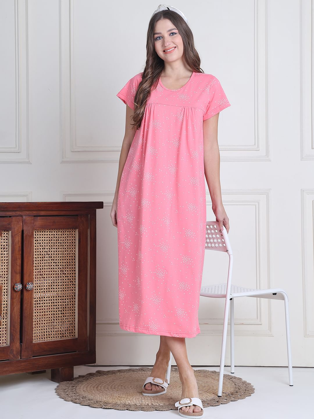 Secret Wish Pink Printed Hosiery Nighty