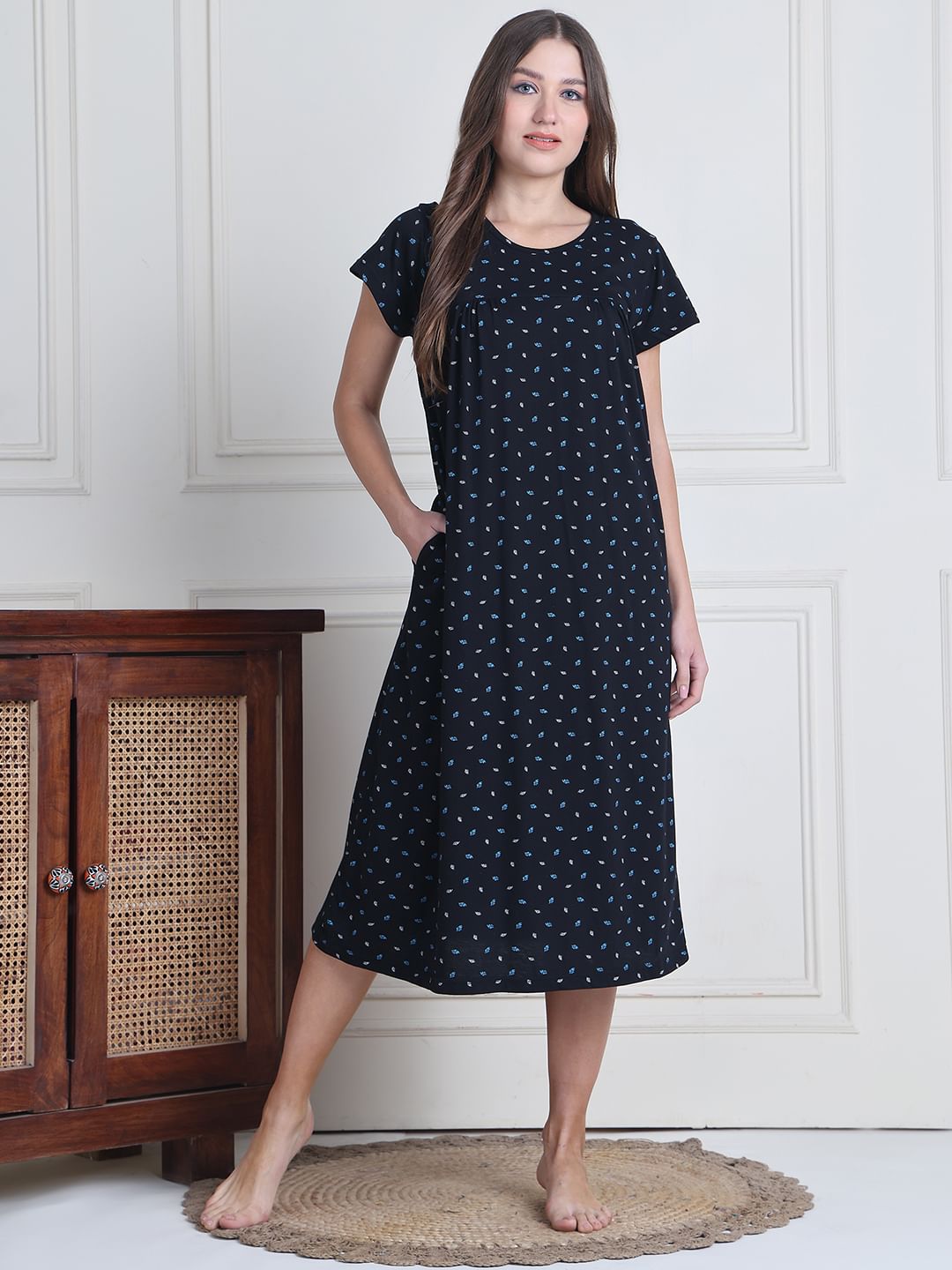 Secret Wish Black Printed Hosiery Nighty