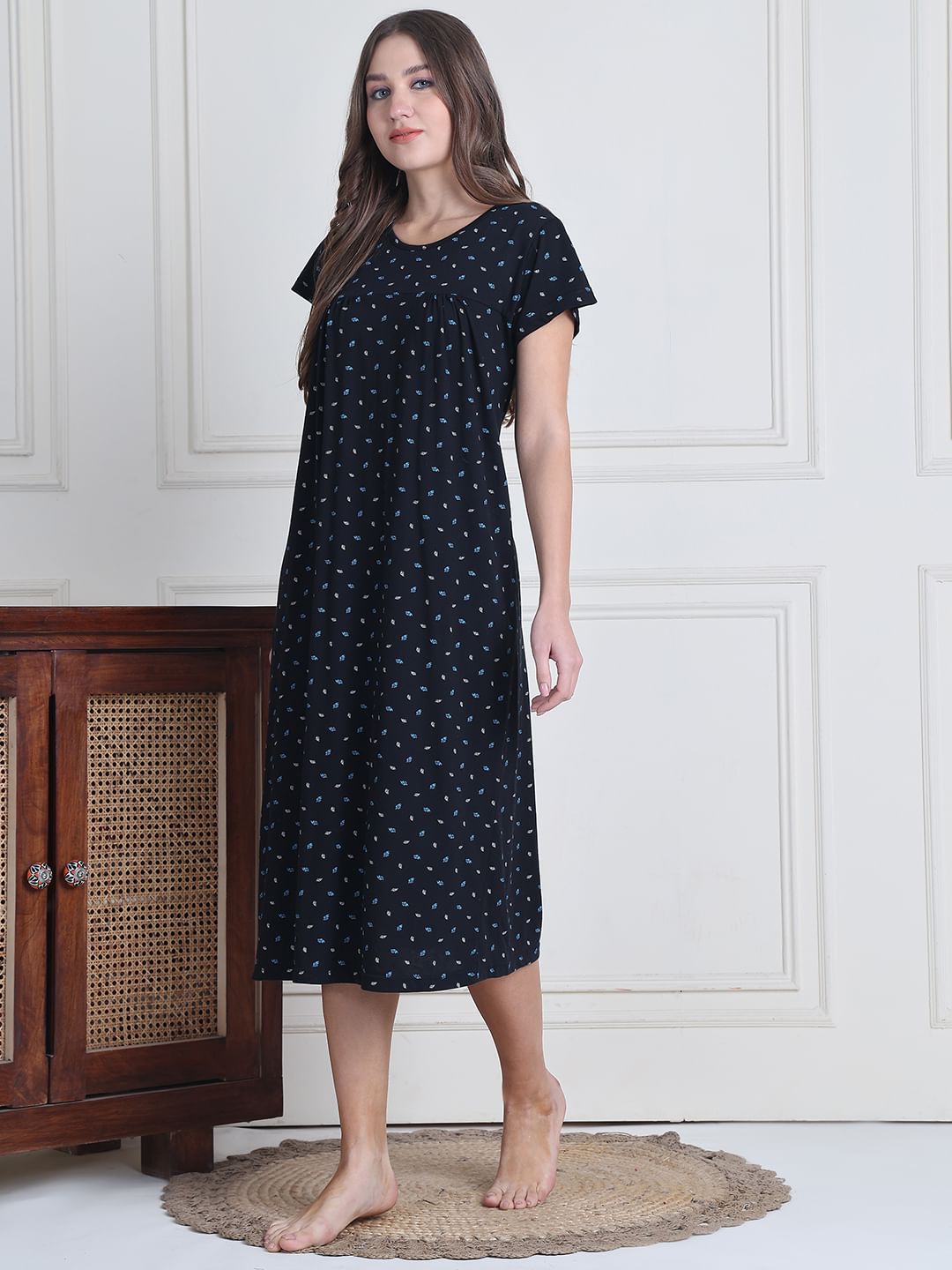 Secret Wish Black Printed Hosiery Nighty