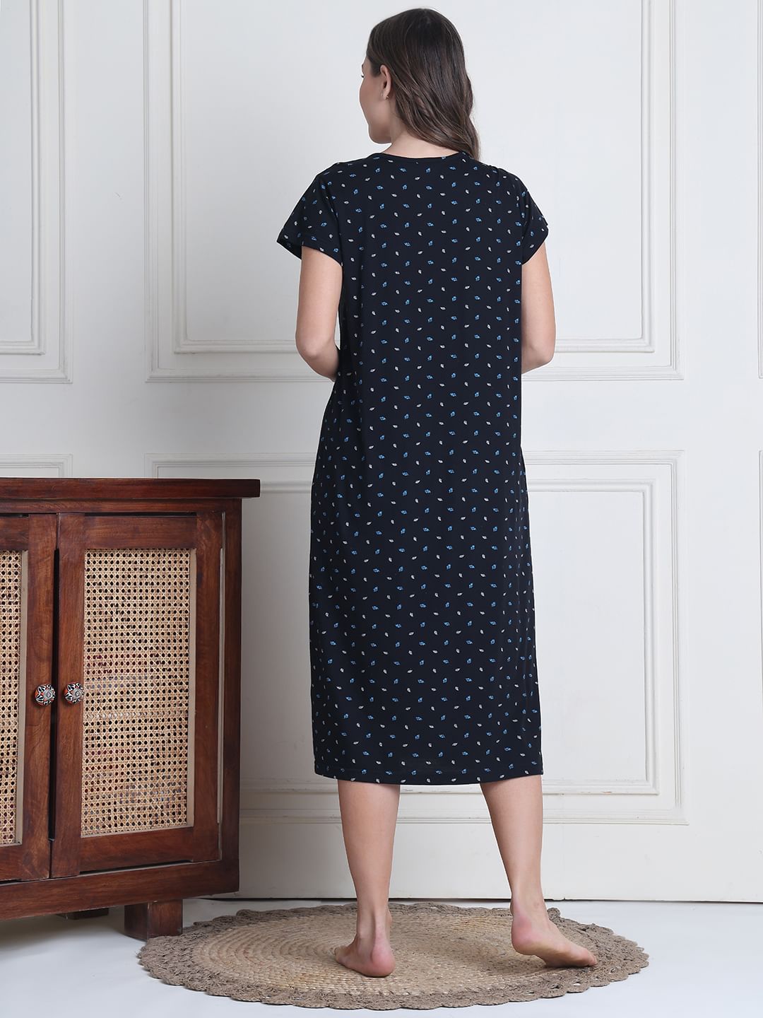 Secret Wish Black Printed Hosiery Nighty