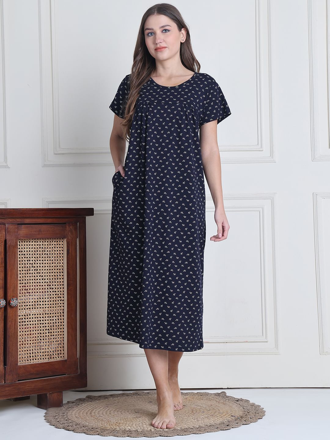 Secret Wish Navy Blue Printed Hosiery Nighty