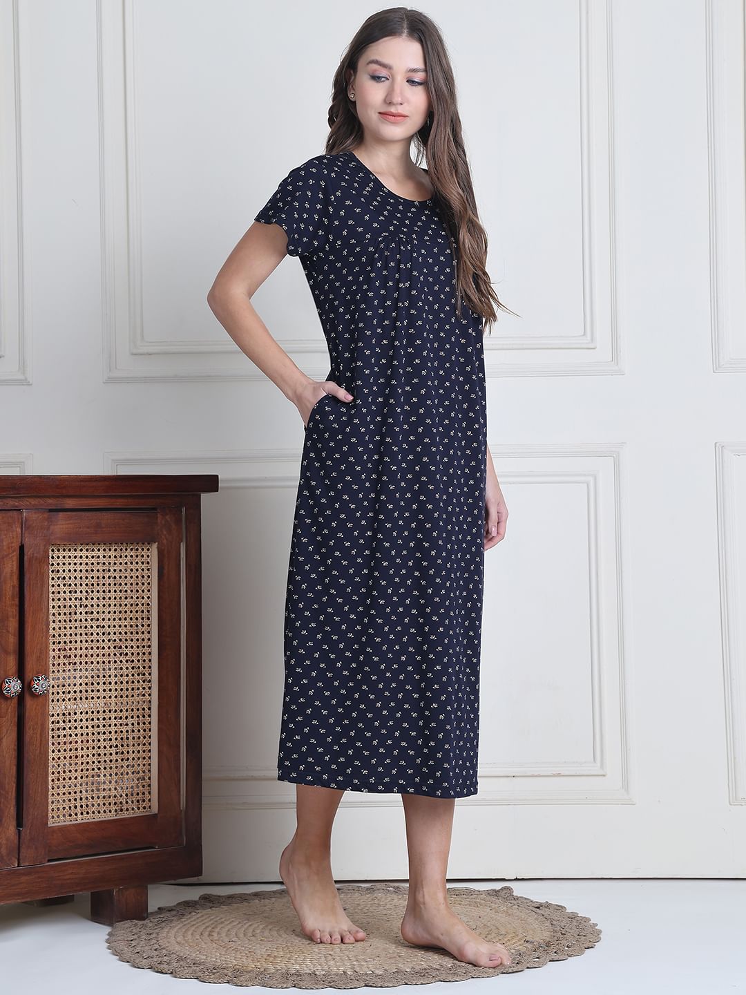 Secret Wish Navy Blue Printed Hosiery Nighty