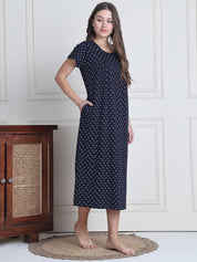 Secret Wish Navy Blue Printed Hosiery Nighty