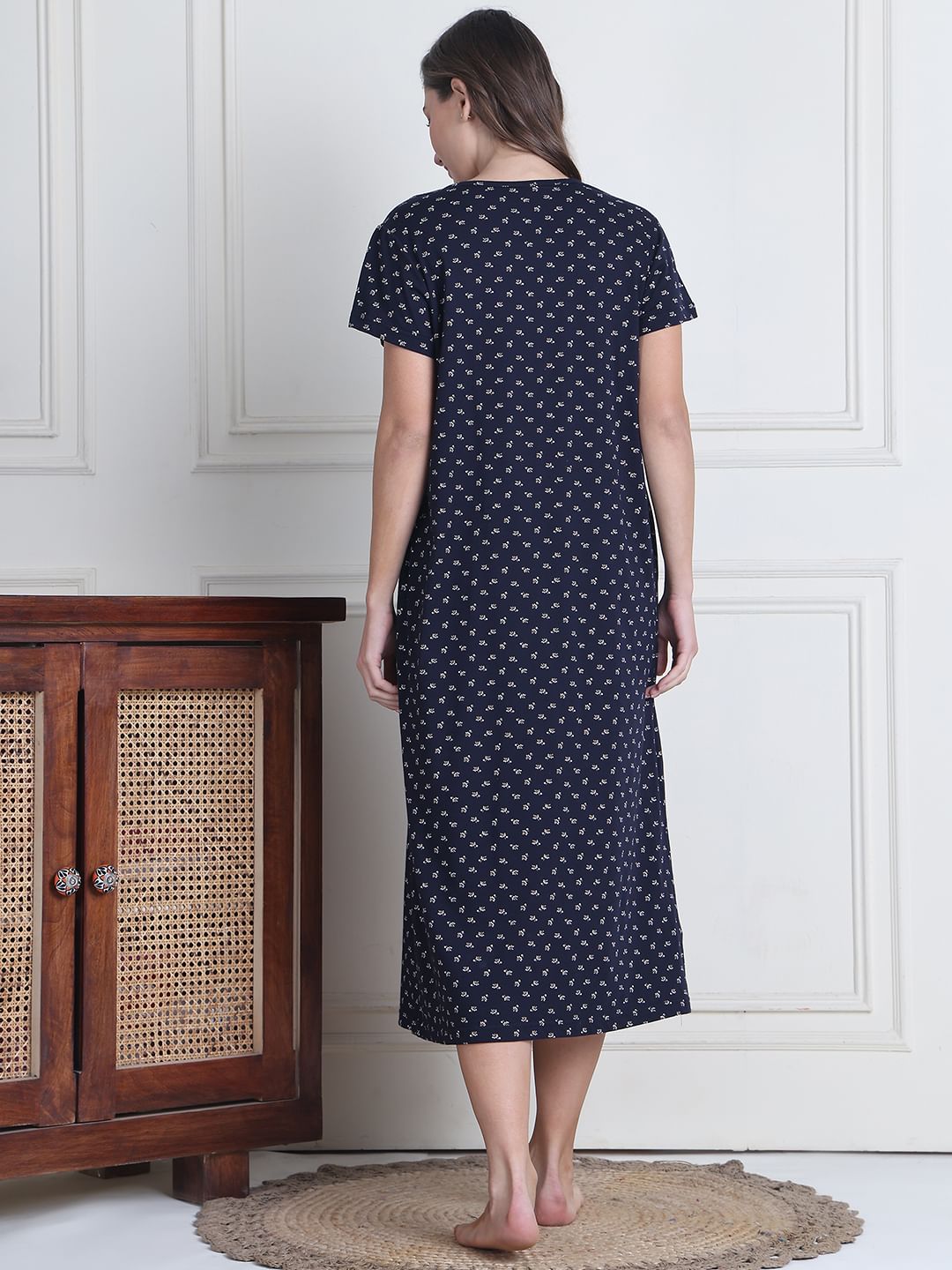 Secret Wish Navy Blue Printed Hosiery Nighty