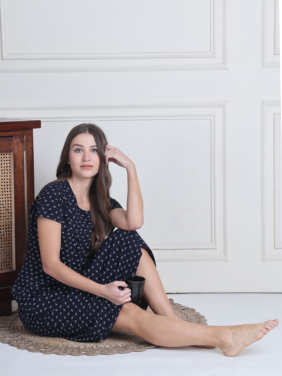 Secret Wish Navy Blue Printed Hosiery Nighty