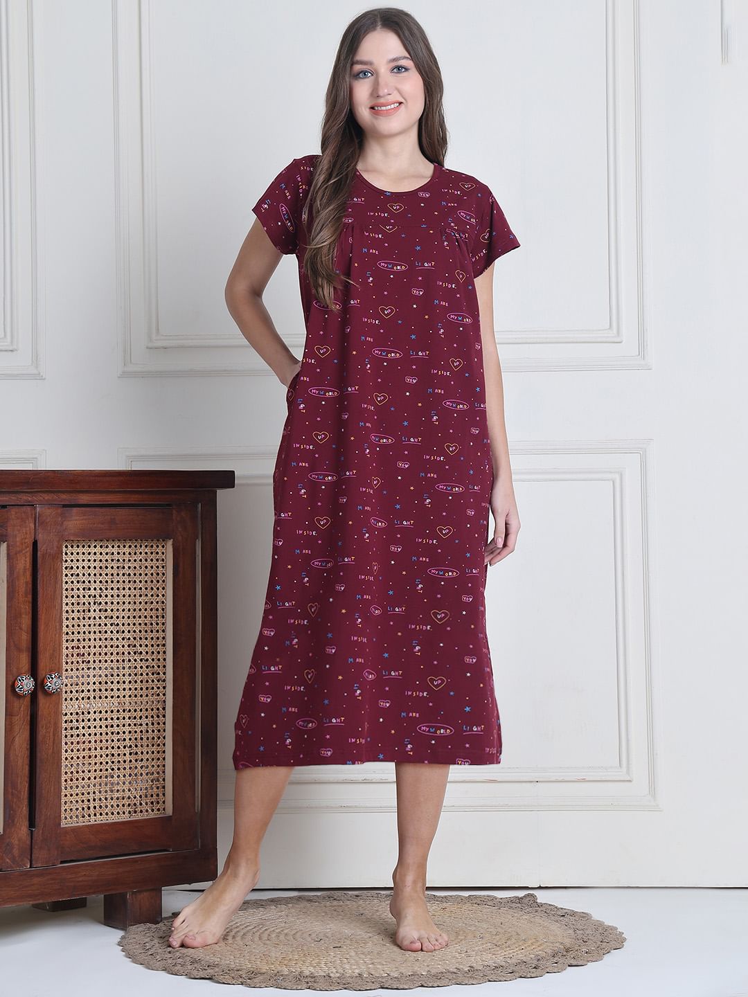 Secret Wish Maroon Printed Hosiery Nighty