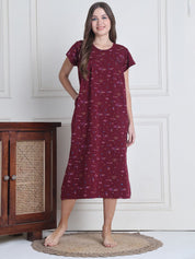 Secret Wish Maroon Printed Hosiery Nighty