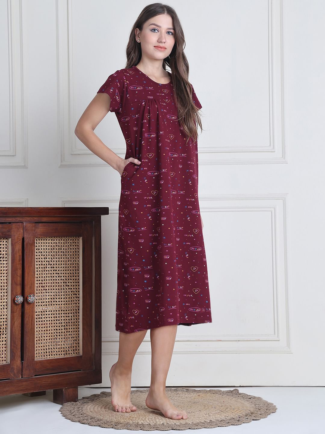 Secret Wish Maroon Printed Hosiery Nighty