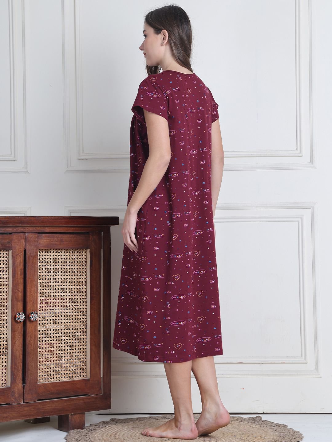 Secret Wish Maroon Printed Hosiery Nighty