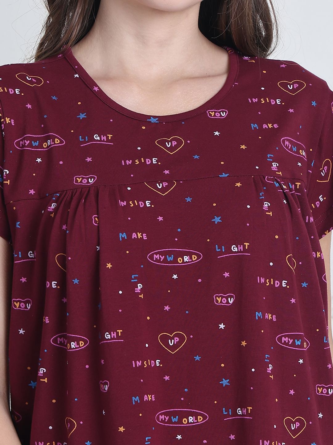 Secret Wish Maroon Printed Hosiery Nighty