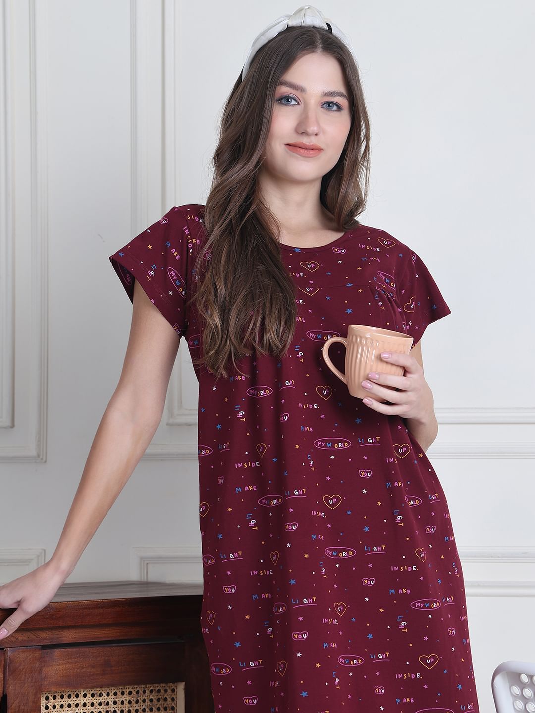 Secret Wish Maroon Printed Hosiery Nighty