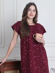 Secret Wish Maroon Printed Hosiery Nighty