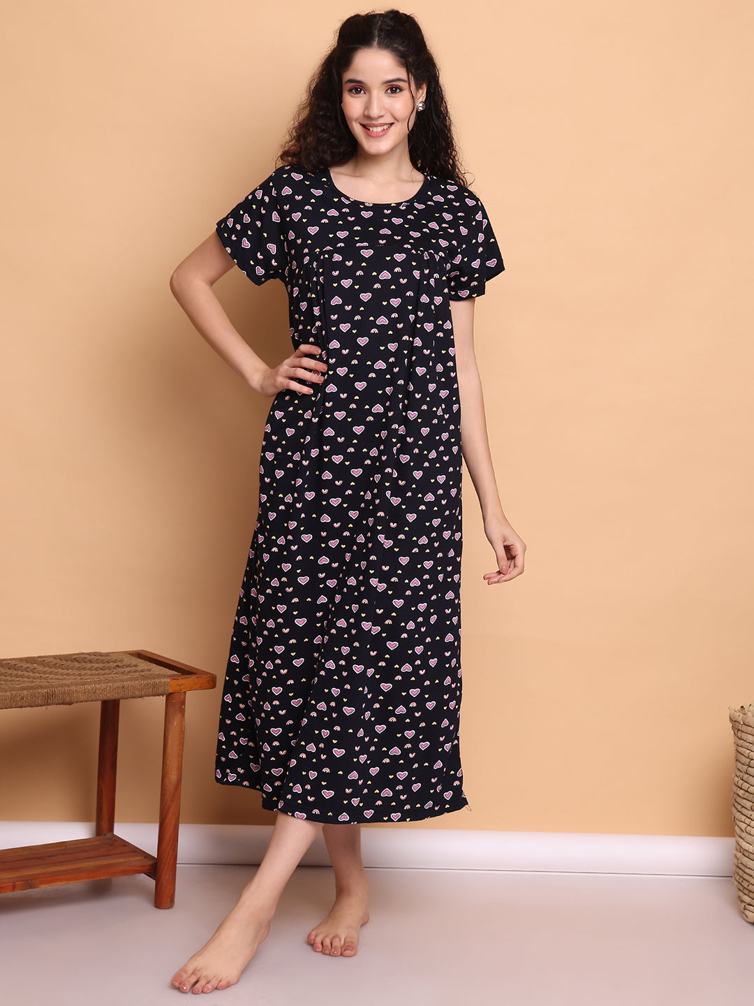 Dark Blue Printed Hosiery Nighty