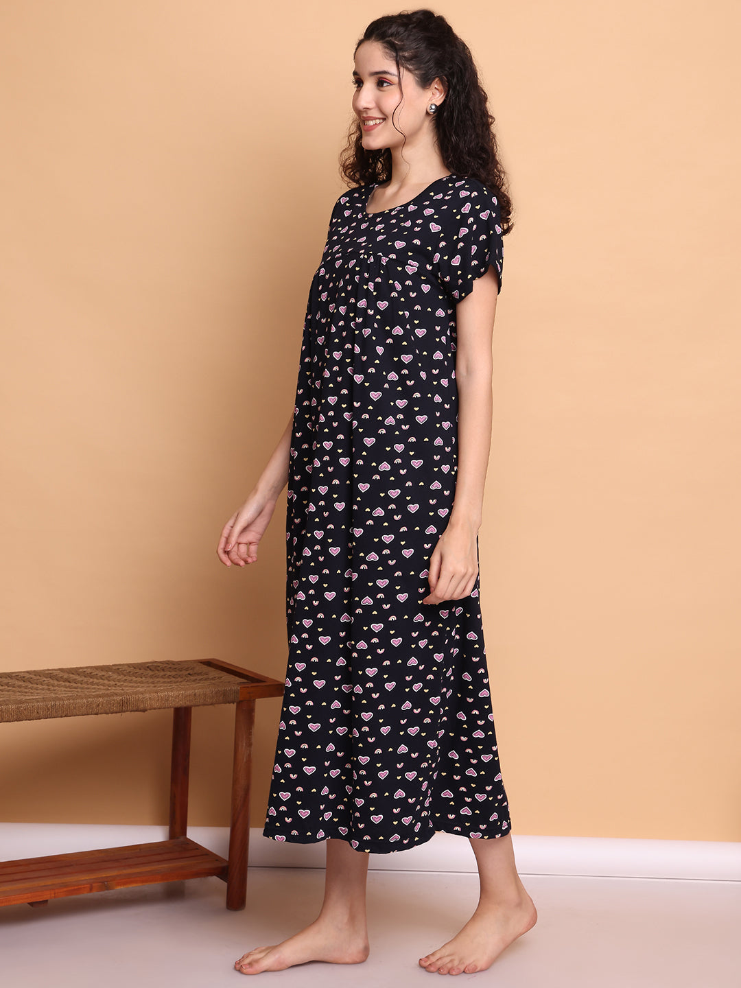 Dark Blue Printed Hosiery Nighty