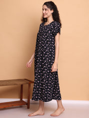 Dark Blue Printed Hosiery Nighty